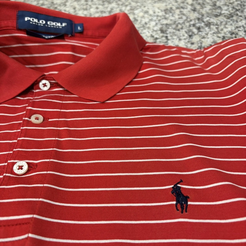 Polo Golf Ralph Lauren Mens L Red White Striped 100% Pima Cotton Polo Shirt